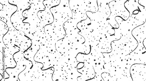 Black streamers and confetti scattered on white background party