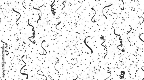 Black confetti and streamers on white background seamless pattern celebration party