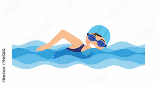 Illustration of a female swimmer wearing a blue cap and goggles, swimming on her stomach in wavy blue water against a white background.