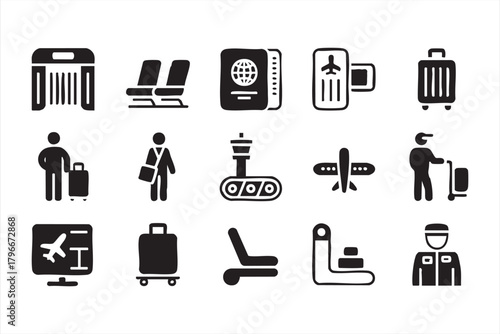 Travel and flight icons in monochrome