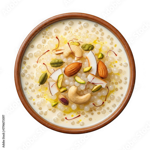3d creamy sago pudding with nuts and coconut isolated on transparent background