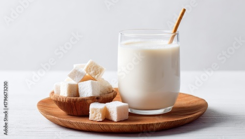 Milk drink with cubed dessert