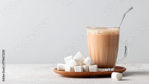 A glass mug of hot chocolate, topped with froth, sits beside a small wooden plate holding mini marshmallows