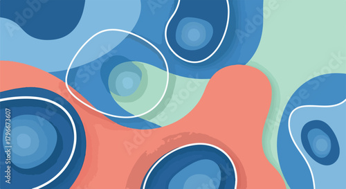 Vibrant abstract background with blue, orange, and green shapes and white outlines on a flat design with a modern aesthetic.