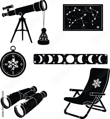 Black and white astronomy and winter concept flat lay illustration elements