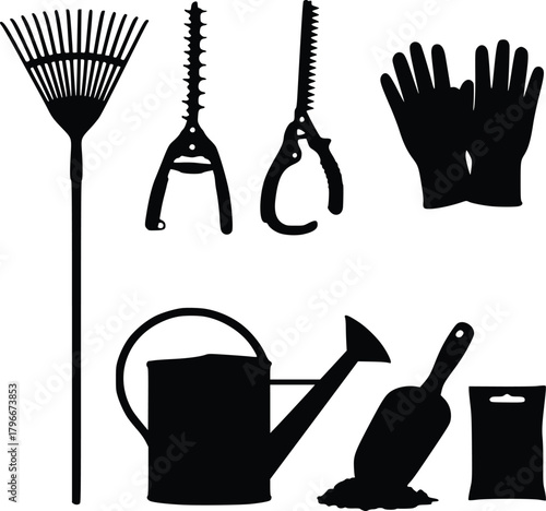 Collection of Gardening Tools Silhouettes including Rake Shears Gloves Watering Can and Soil Bag
