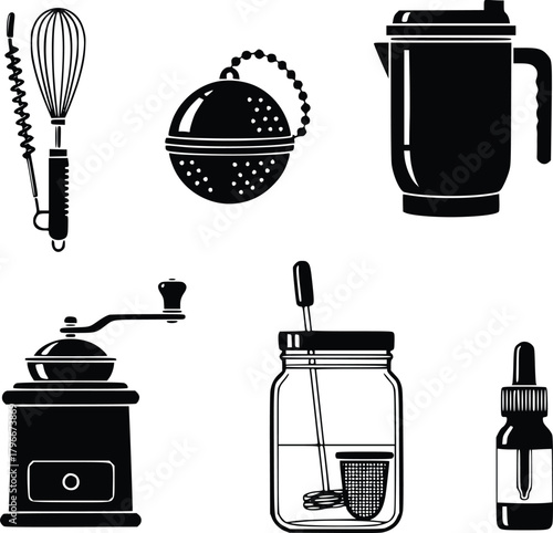 Collection of Kitchenware and Beverage Preparation Tools for Culinary Arts and Design