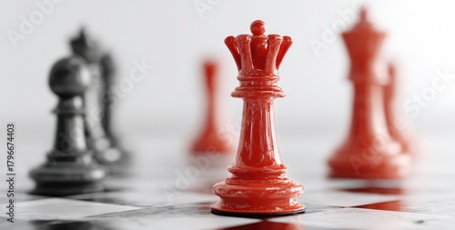 A prominent red queen chess piece stands on a chessboard surrounded by blurred pieces