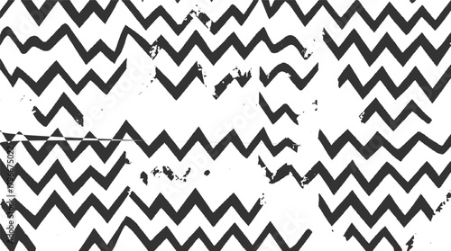 Black and white chevron pattern with distressed texture and abstract shapes background chaotic