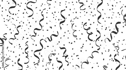 Black streamers and confetti scattered on a white background party