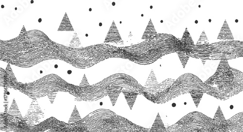 Abstract black and white wavy lines and triangular shapes with scattered dots vector