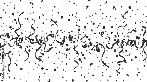 Black streamers and confetti scattered on a white background ribbon