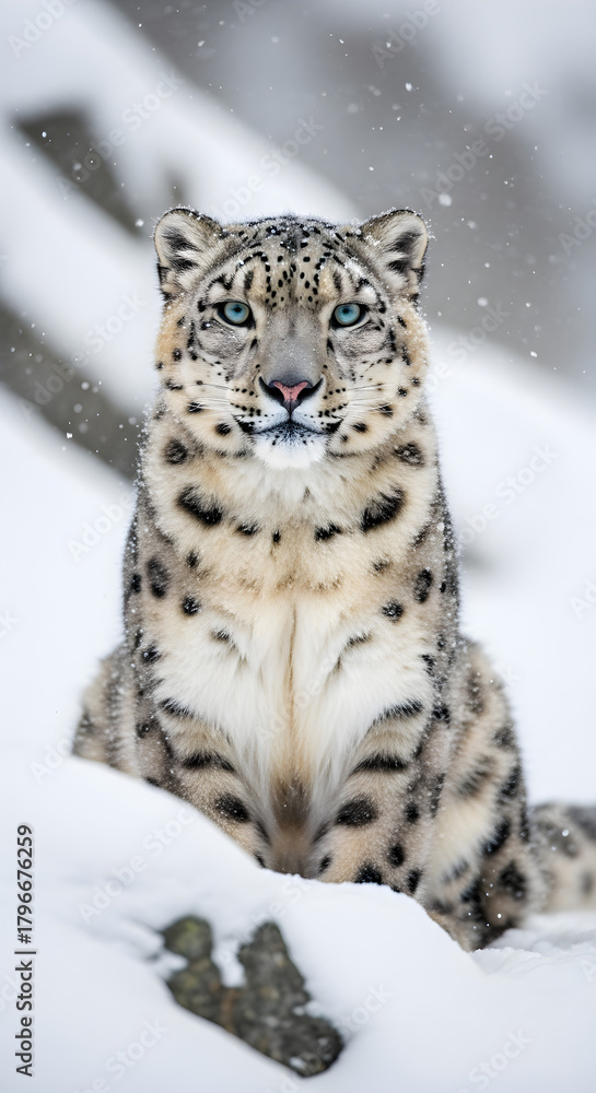 Fototapeta premium Majestic Snow Leopard Portrait in Falling Snow