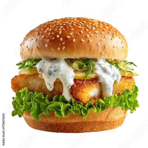 Delicious fish burger with tartar sauce and lettuce