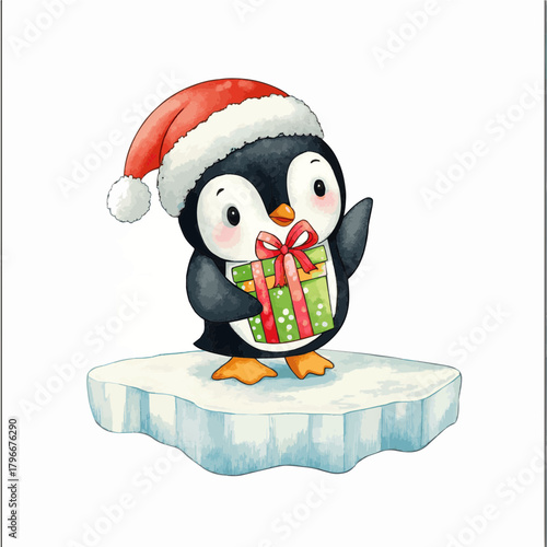 Vector cute illustration of a baby penguin, Christmas, penguin on an ice floe with a gift