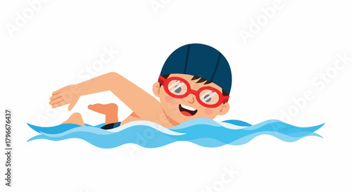 A cartoon boy wearing red goggles swims through blue waves on a white background with a joyful expression.