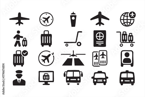 Minimalist travel icons including tickets, baggage, passports, and transportation vehicles
