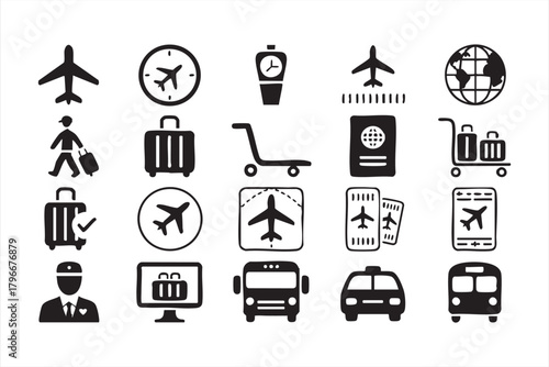 Complete airport icon set for travel apps, aviation dashboards, and booking interfaces