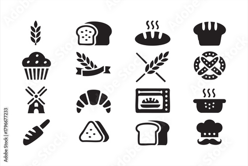 Bakery icon set with bread, pastry, wheat, and chef graphics for food branding and menus