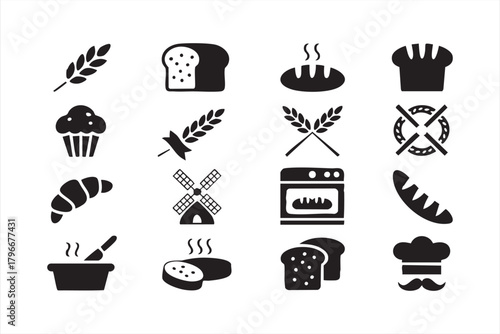 Minimalist food and baking icon collection featuring bread, wheat, and pastry graphics