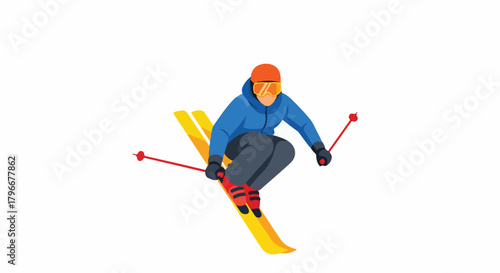 A cartoon skier in blue jacket and orange helmet jumps with yellow skis and red poles on a white background.