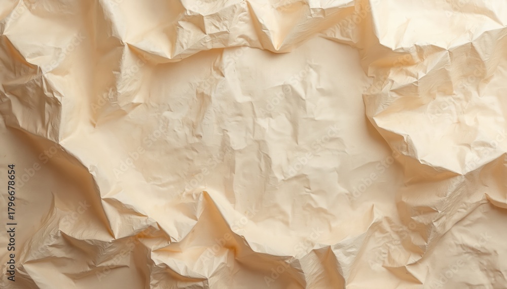 Obraz premium Crushed light beige paper surface with soft shadows. Crumpled material background with textured folds. Used for crafts or packaging design elements.
