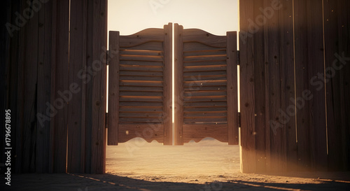 Rustic saloon doors open to a sunlit desert landscape evoking a sense of adventure