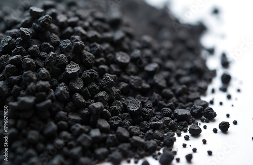 Close up photo shows black activated carbon granules against white. Detailed macro shot of porous texture. Material looks like small dark rocks. The image presents coal or charcoal for filtration.