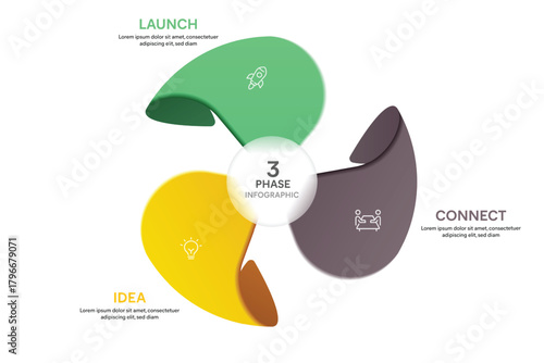Pinwwheel Shape Glassmorphism Infographic Template With 3 Options, Steps, Parts, Segments. Vector Illustration For Business Financial Report.