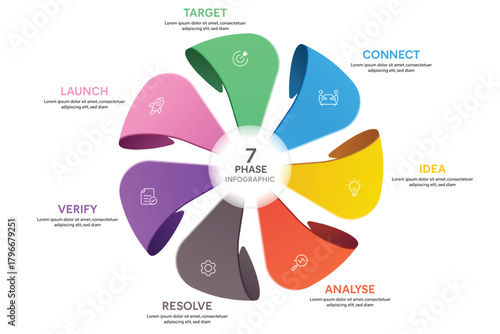Pinwwheel Shape Glassmorphism Infographic Template With 7 Options, Steps, Parts, Segments. Vector Illustration For Business Financial Report.