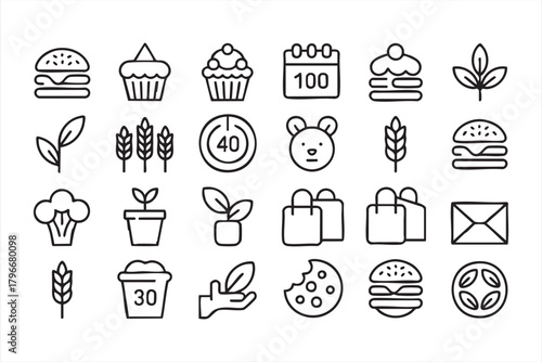 Clean line food icon pack for organic product design, restaurant menus, and labels