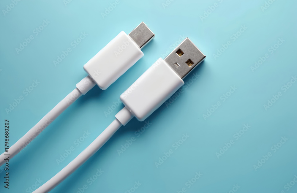 Fototapeta premium Top view shows two white USB cables on blue surface. Wires lie parallel, ends connect devices. Modern tech ensures seamless communication. Data transfer occurs easily on minimal background.