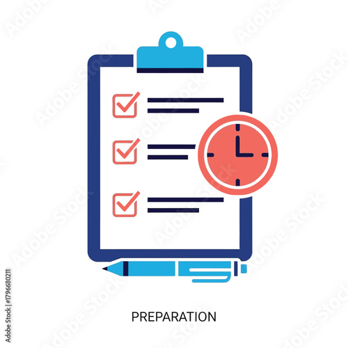 Vector illustration of clipboard with checklist and clock indicating preparation and time management