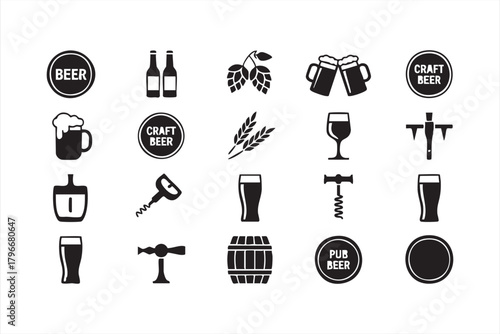 Beer-themed icon collection for pub menus, alcohol branding, and drink packaging