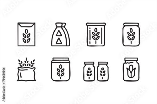 Grain and food packaging line icon set for organic labels, pantry storage, and grocery design