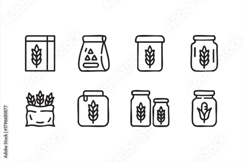 Minimal jar and bag icons for natural food branding, bulk goods, and kitchen organization