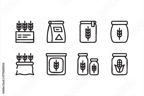 Organic food storage icon collection for eco packaging, nutrition labels, and market branding