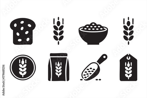 Whole-grain vector set featuring wheat stalks, flour bags, bowls, and bread slices