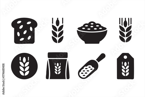 Cereal and wheat icons for nutrition design, whole-grain marketing, and food graphics