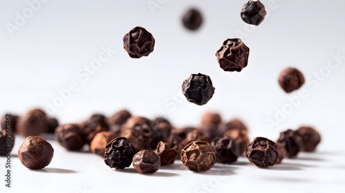 Floating Black Peppercorns Above White Surface , Ultra-Realistic Conceptual Spice Composition with Detailed Texture and Suspended Motion