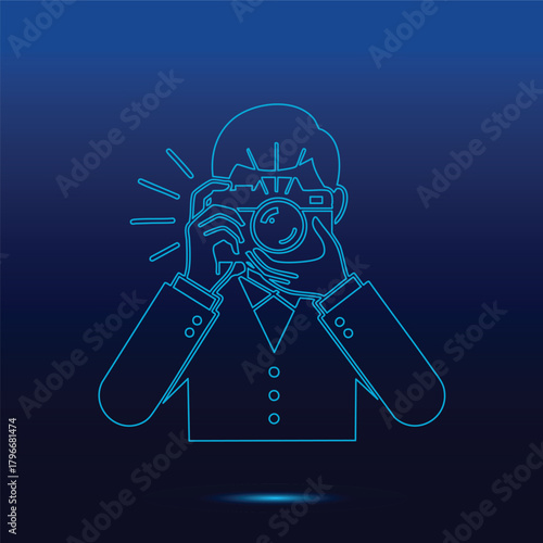 Professional Photographer Capturing a Special Moment Using a Digital Camera with Flash Neon Outline Style Vector Graphic Illustration on a Deep Blue Background for Media and Technology Conce