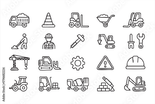 Engineering and construction outline icons for planning, signage, and industrial branding