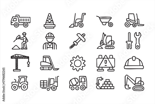 Worksite equipment icon collection with trucks, loaders, drills, and protective gear