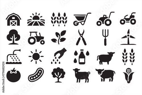 Complete farming vector pack with tractors, wheat, seeds, watering, and livestock icons