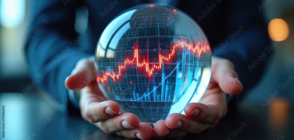 Obraz premium Manager presents crystal ball with data charts. Business analytics concept. Data analysis, stock market forecasting. Future prediction via AI. Businessman predicts trends with ball. Finance