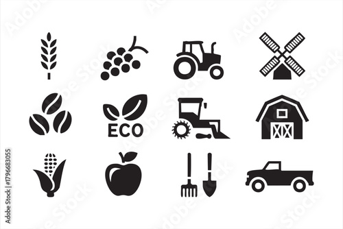 Farm and countryside vector set featuring barns, windmills, vehicles, and food symbols