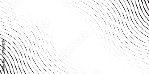 Flowing dots particles wave pattern 3D curve halftone black gradient curve shape isolated on white background. Vector in concept of technology, science, music, modern wave classic