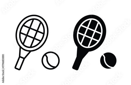 Black and White Tennis Racket and Ball Icons for Sports and Fitness Themes