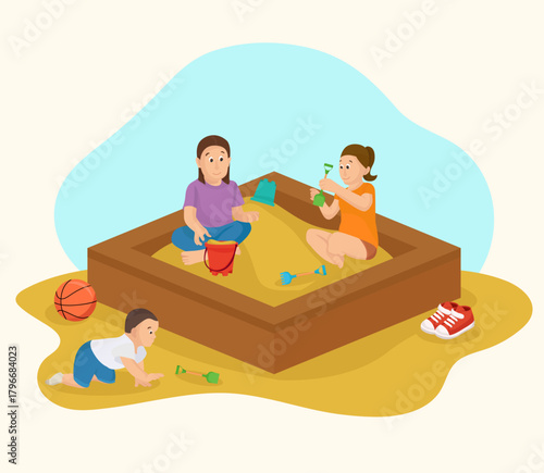 KIds wooden sandbox with sand toys kids are playing outdoors vibrant flat illustration