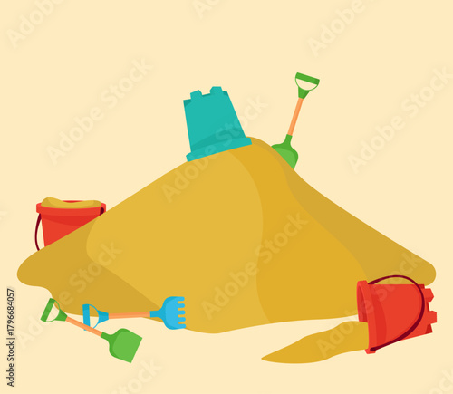 Playground for kids in sand outdoor activity bucket with sand row rake vibrant flat illustration